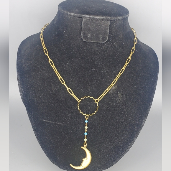 Crescent Moon Goldtone Beaded Paperclip Chain Necklace- One of a Kind - Picture 2 of 6